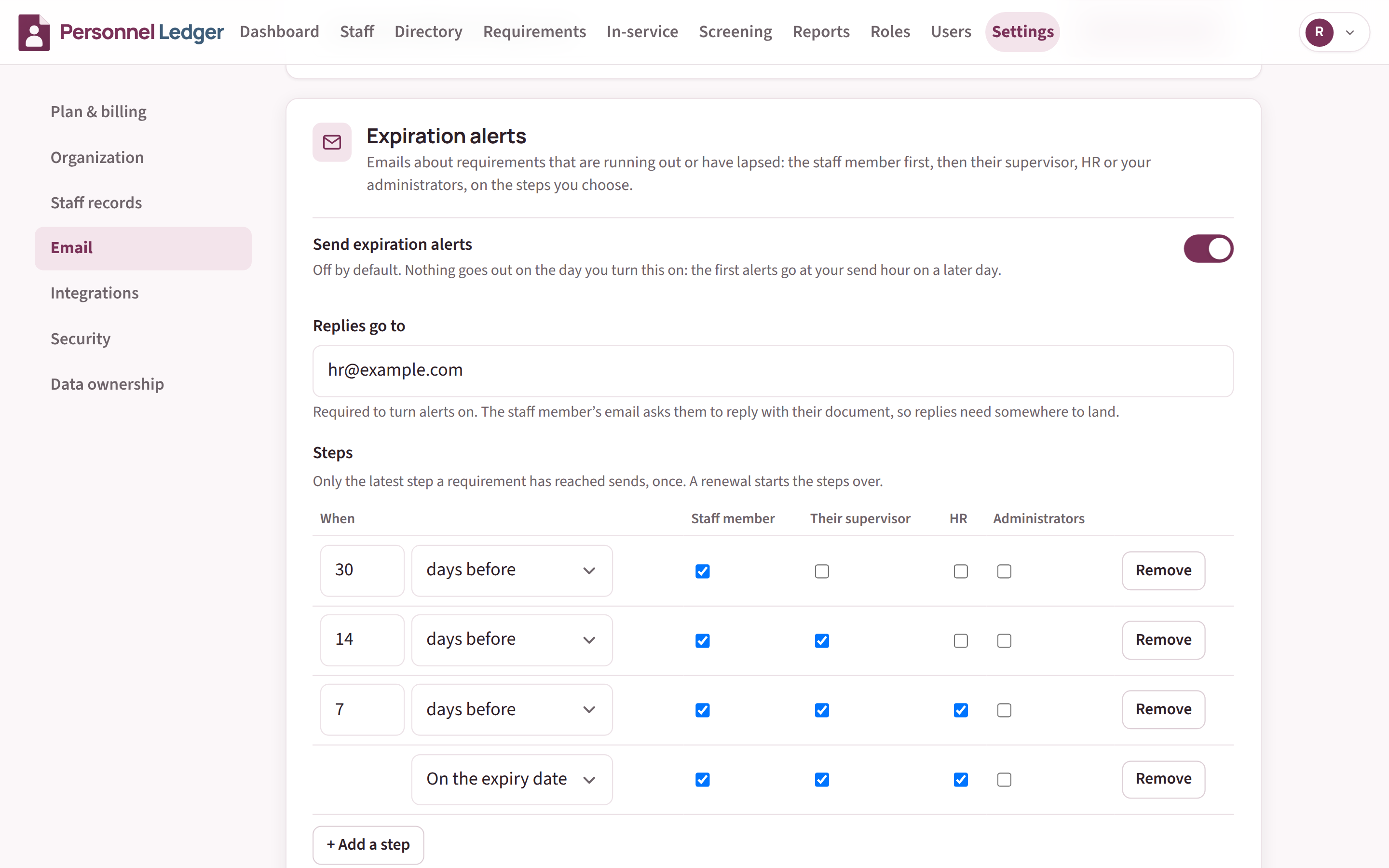Expiration alert settings in Personnel Ledger: the staff member 30 days before an item expires, their supervisor added at 14 days, HR added at 7 days, and all three on the expiry date