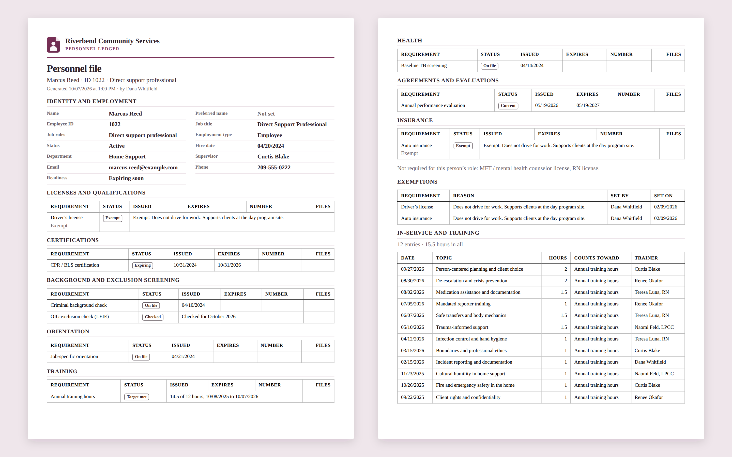 A printed personnel file for a direct support professional, two pages: identity and employment with department and supervisor, licenses, certifications, background and exclusion screening, orientation, health, training hours, and exempt items with their reasons